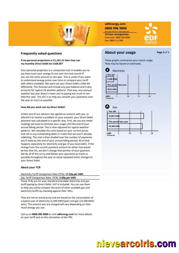 United Kingdom EDF utility bill 3 pages 3